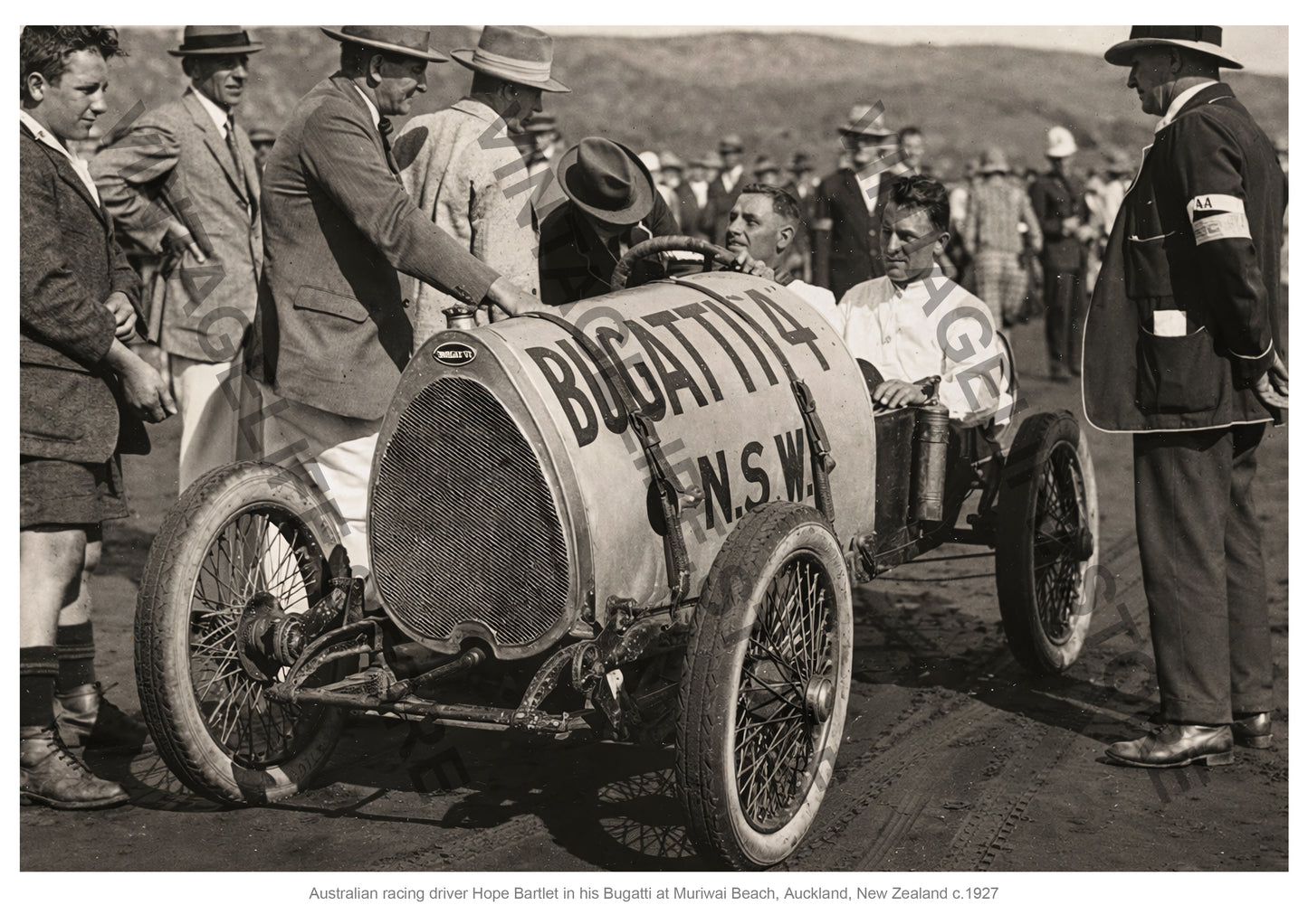 Australian Racing Driver Hope Bartlett with His Bugatti Brescia at Muriwai Beach, Auckland, New Zealand, c.1927