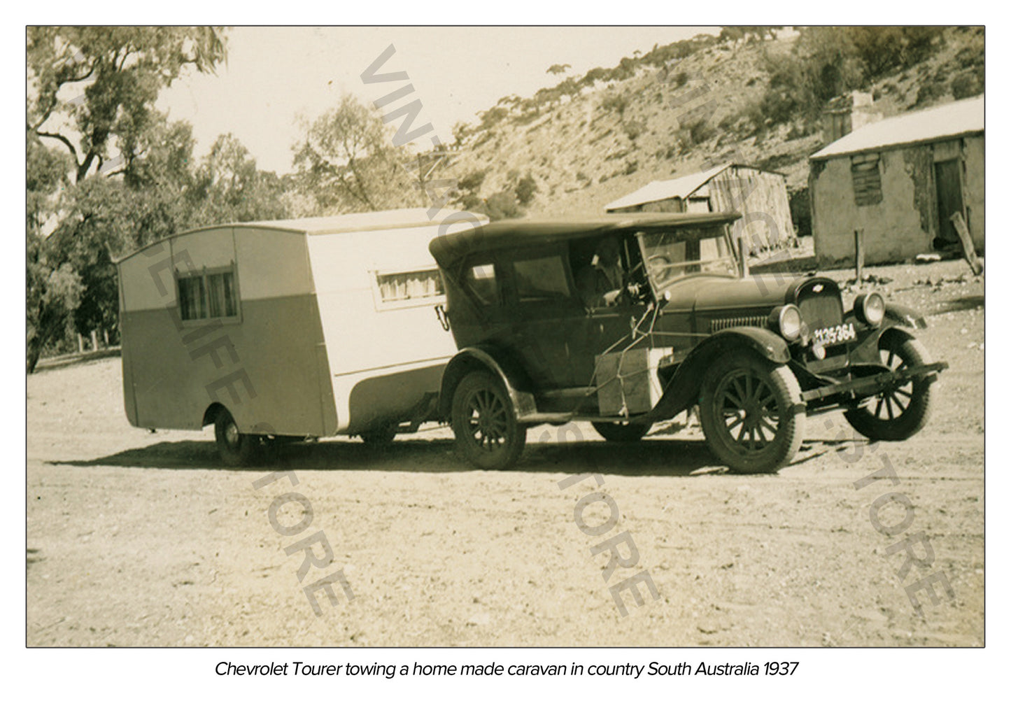 Chevrolet Tourer car with home made caravan, South Australia, 1937