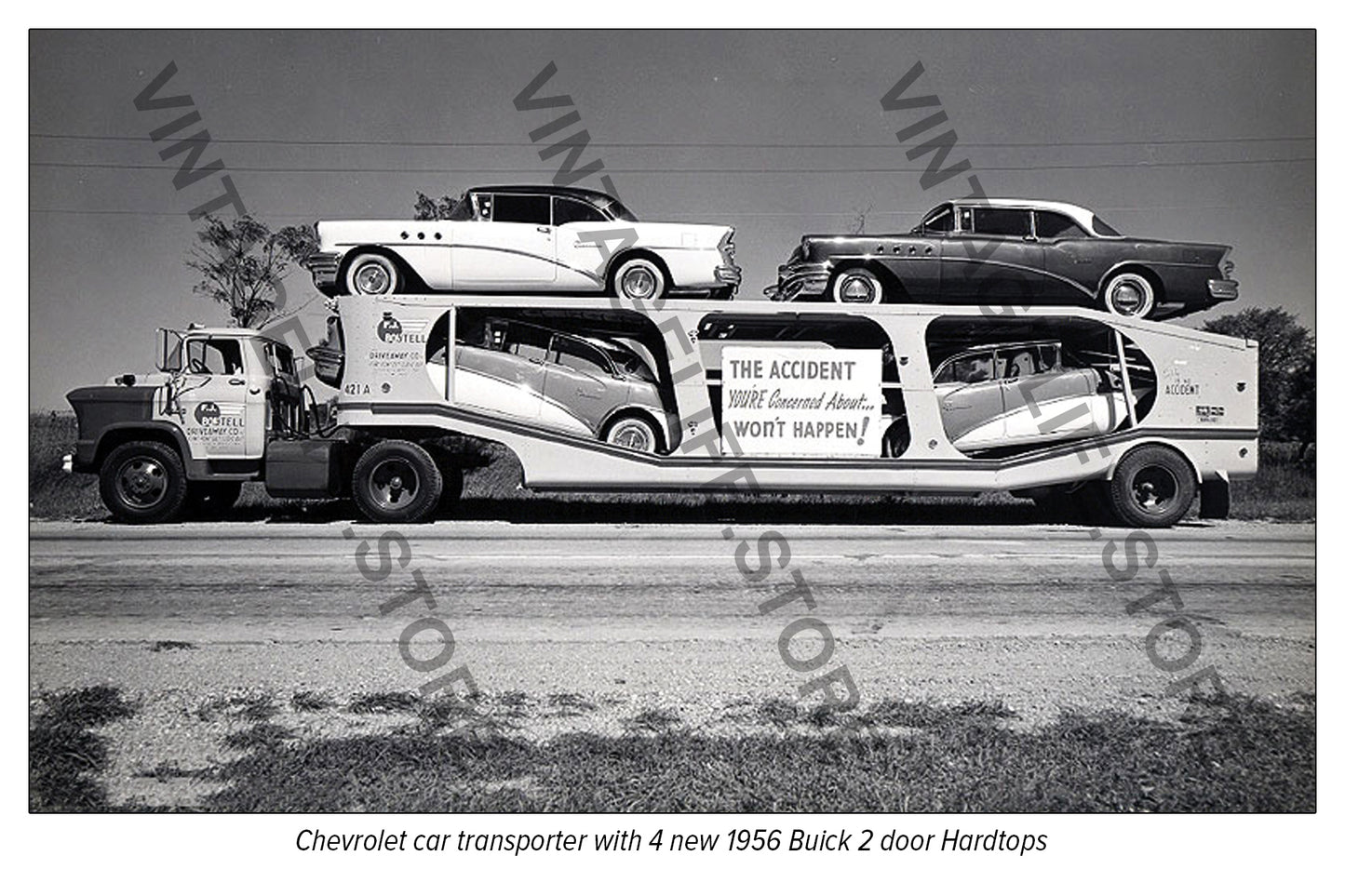 Chevrolet car transporter loaded with 4 new 1956 Buick's