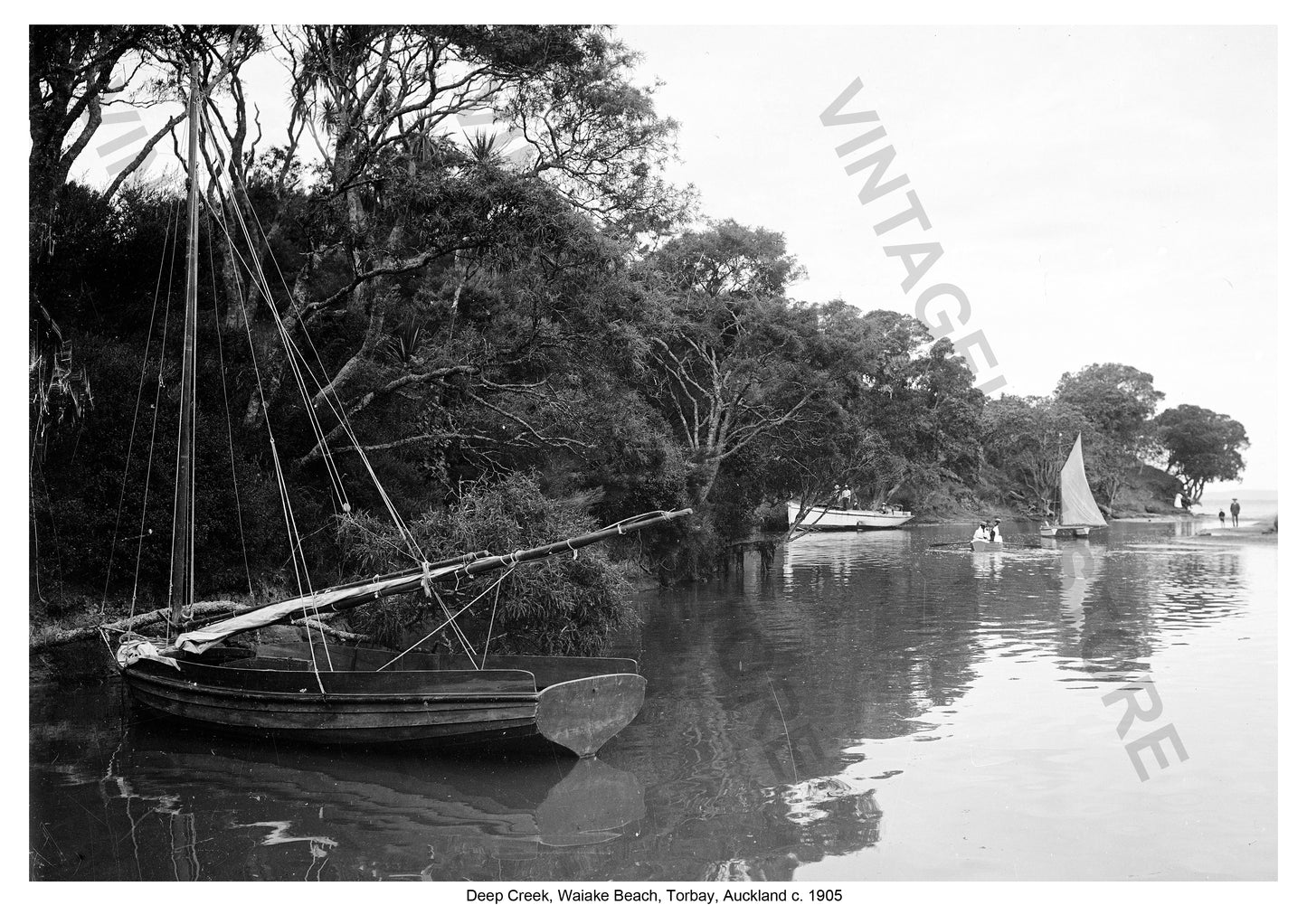 Sailing at Deep Creek, Waiake Beach, Torbay, Auckland, New Zealand c. 1905. Sailing in the early 20th century in New Zealand