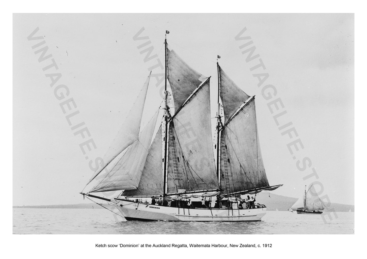Ketch scow ‘Dominion’, Auckland Regatta, Waitemata Harbour, New Zealand c. 1912. Coastal Shipping in the early 20th century around New Zealand