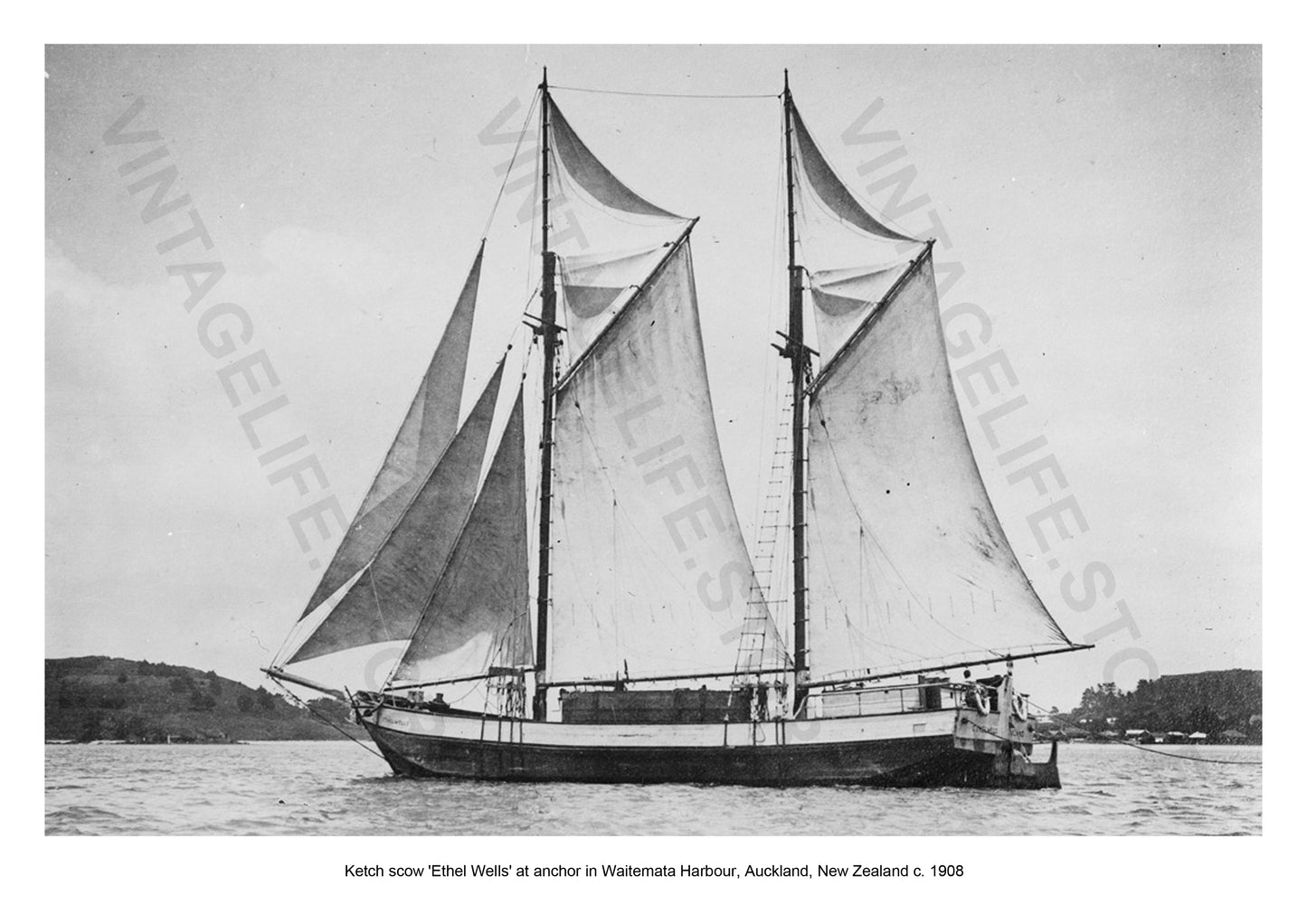 Ketch scow 'Ethel Wells' at anchor in Waitemata Harbour, Auckland, New Zealand c. 1908. Coastal Shipping in the early 20th century around New Zealand