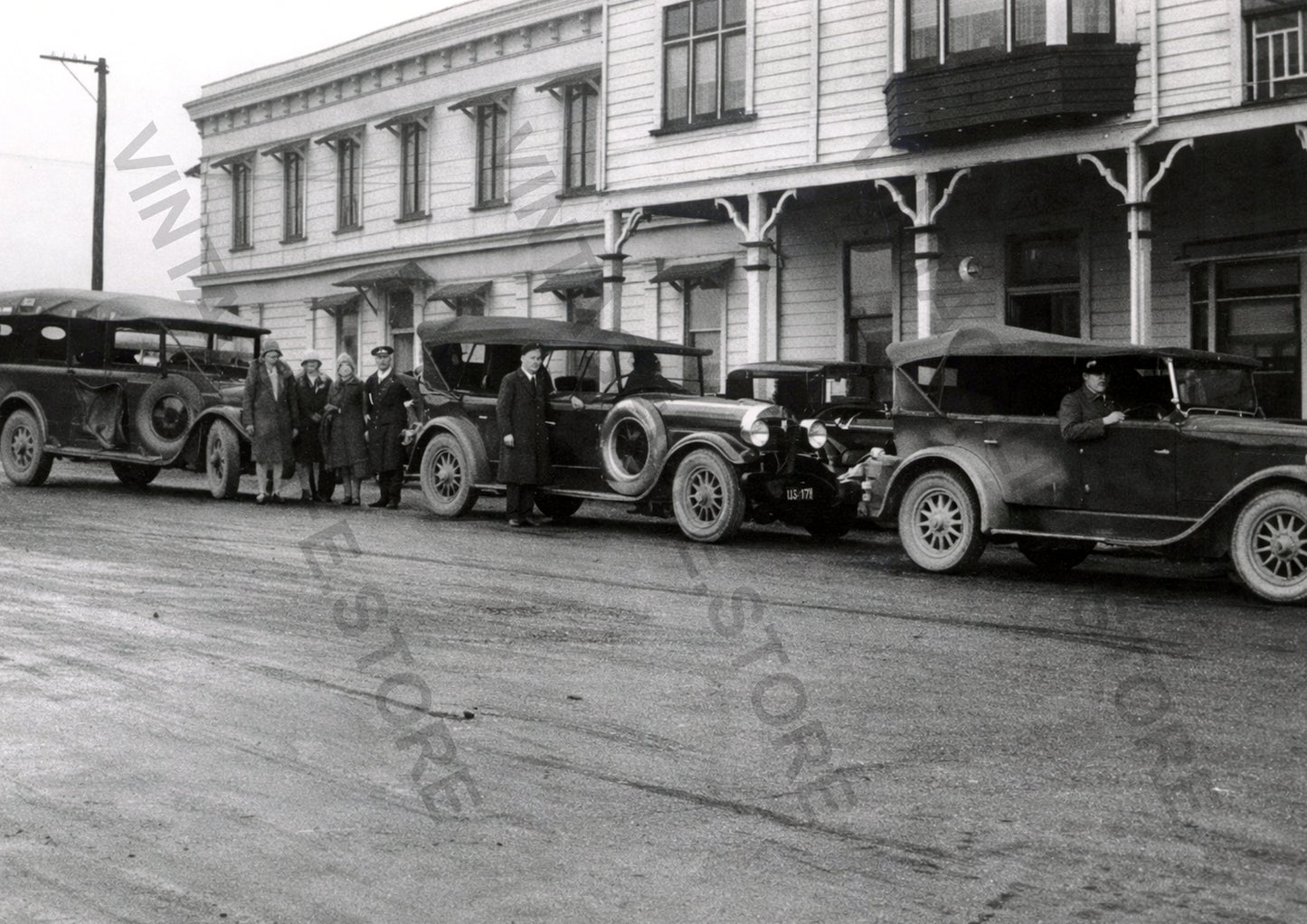 Newman’s Motor Services Vehicles Outside Hokitika Hotel, West Coast NZ c.1930