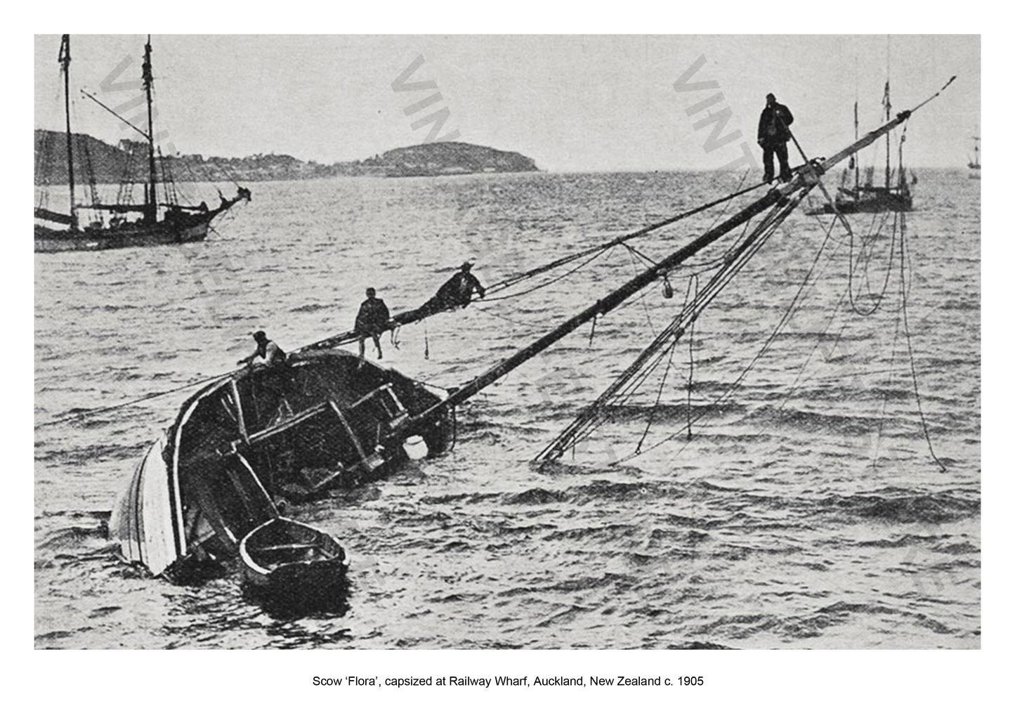 Scow ‘Flora’ capsized at Railway Wharf, Auckland, New Zealand c. 1905.
Coastal Shipping in the early 20th century around New Zealand