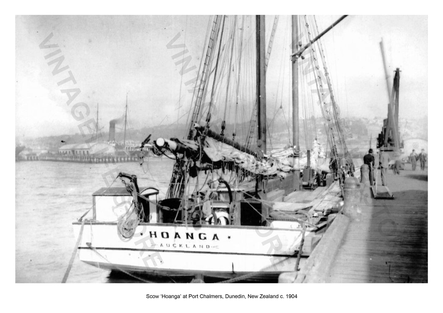Scow ‘Hoanga’ moored at Port Chalmers, Dunedin, New Zealand c. 1904. Coastal Shipping in the early 20th century around New Zealand