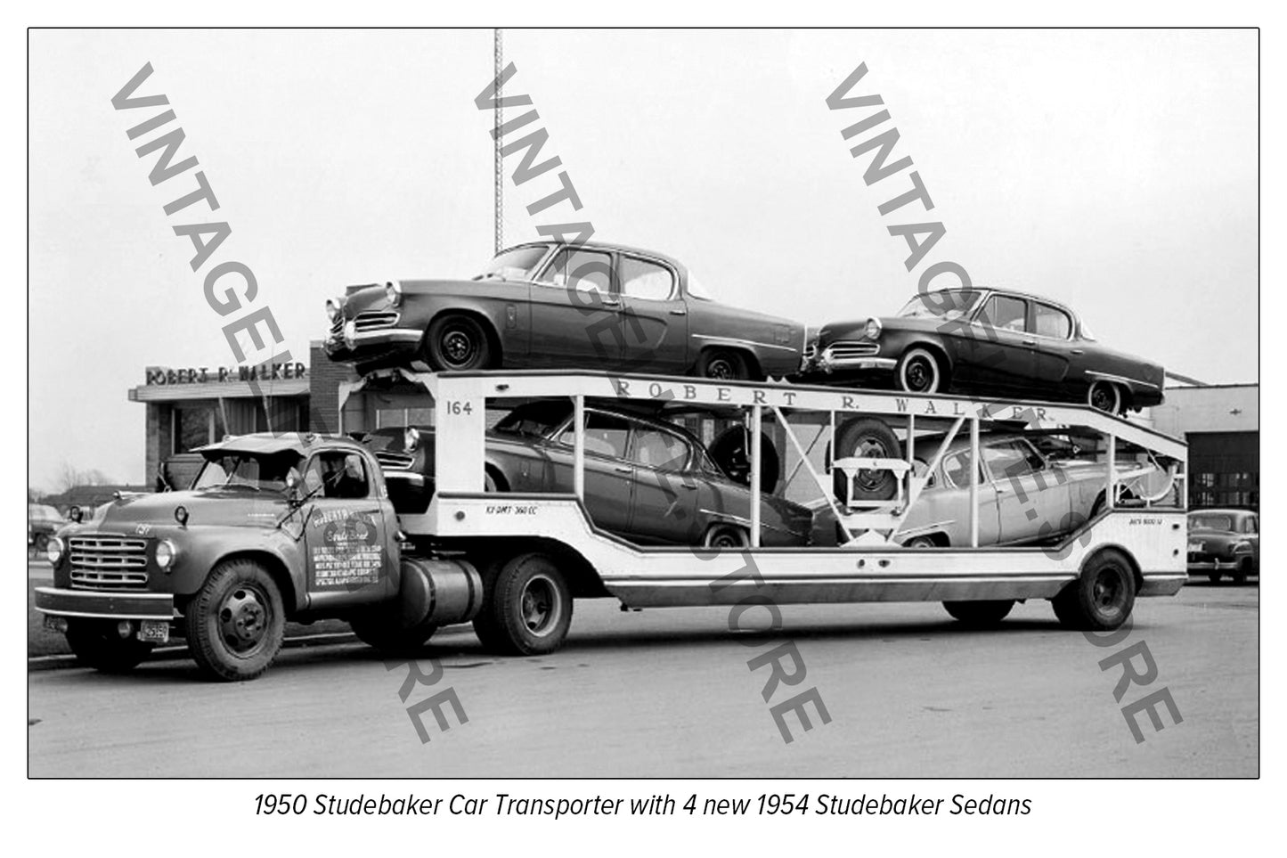 1950 Studebaker Car transporter carrying new Studebaker sedans, c.1954