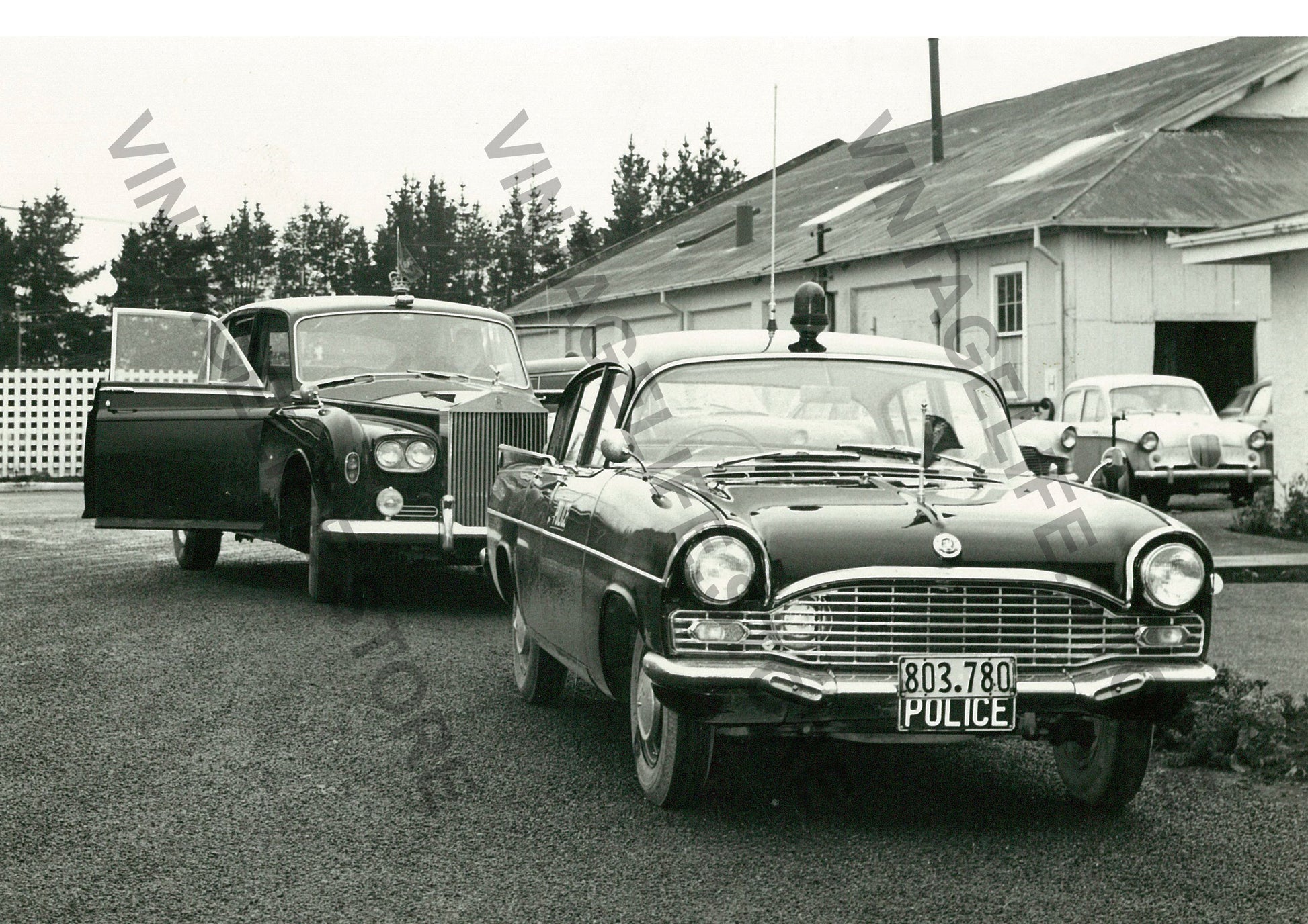 Vice-Regal Rolls Royce Phantom V & Vauxhall Velox police car at Thomas Borthwick & Sons, Waingawa – c.1960