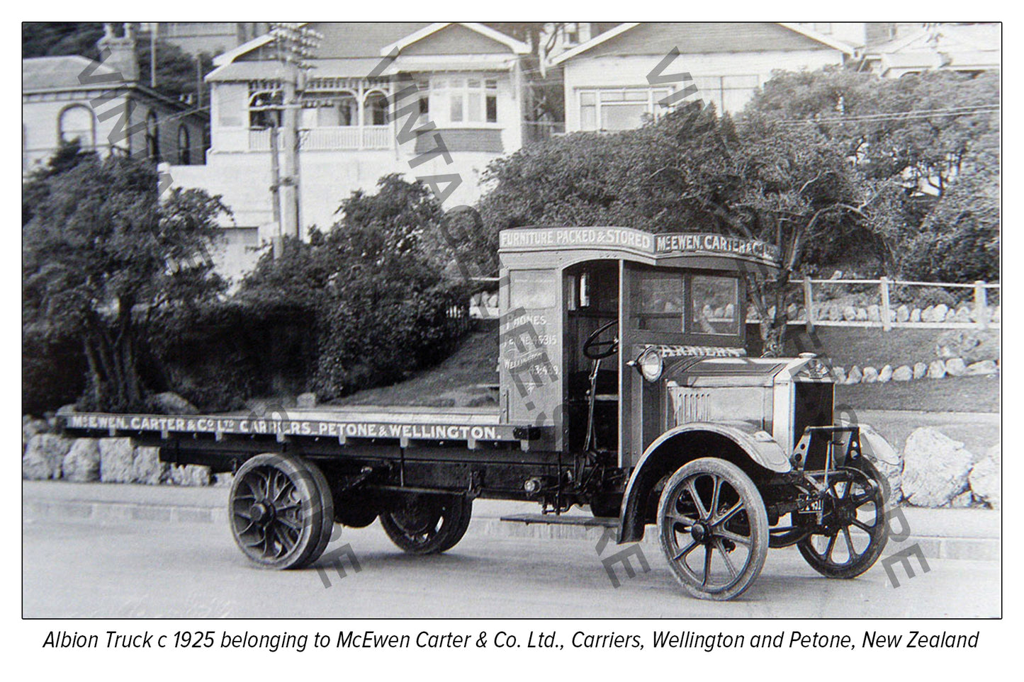 Albion Flat bed Carriers Truck c 1925 owned by McEwen Carter & Co Ltd Carriers Petone and Wellington, New Zealand