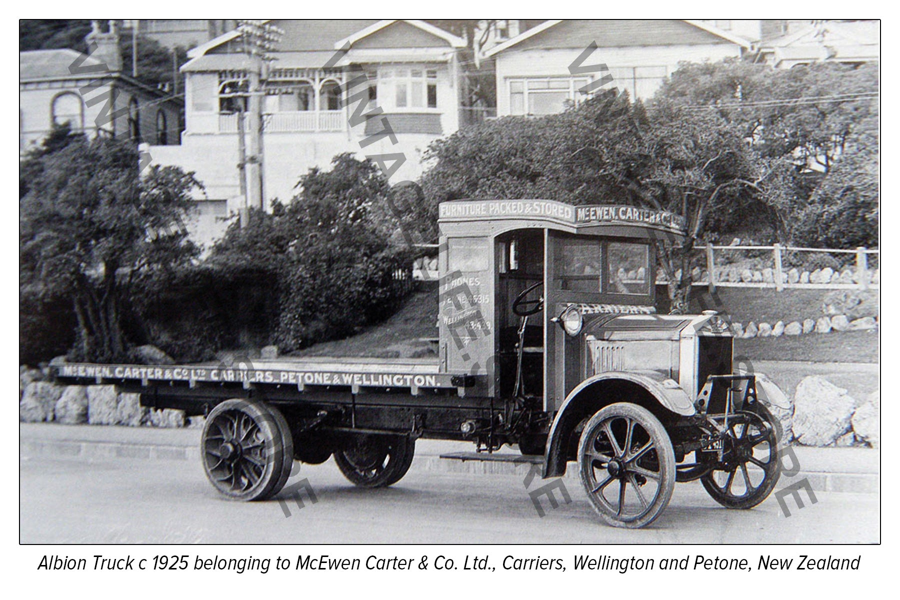 Albion Flat bed Carriers Truck c 1925 owned by McEwen Carter & Co Ltd Carriers Petone and Wellington, New Zealand
