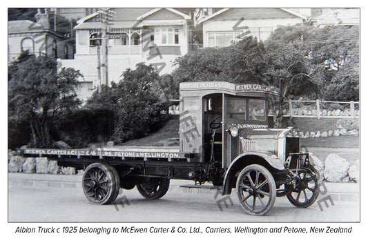 Albion Flat bed Carriers Truck c 1925 owned by McEwen Carter & Co Ltd Carriers Petone and Wellington, New Zealand