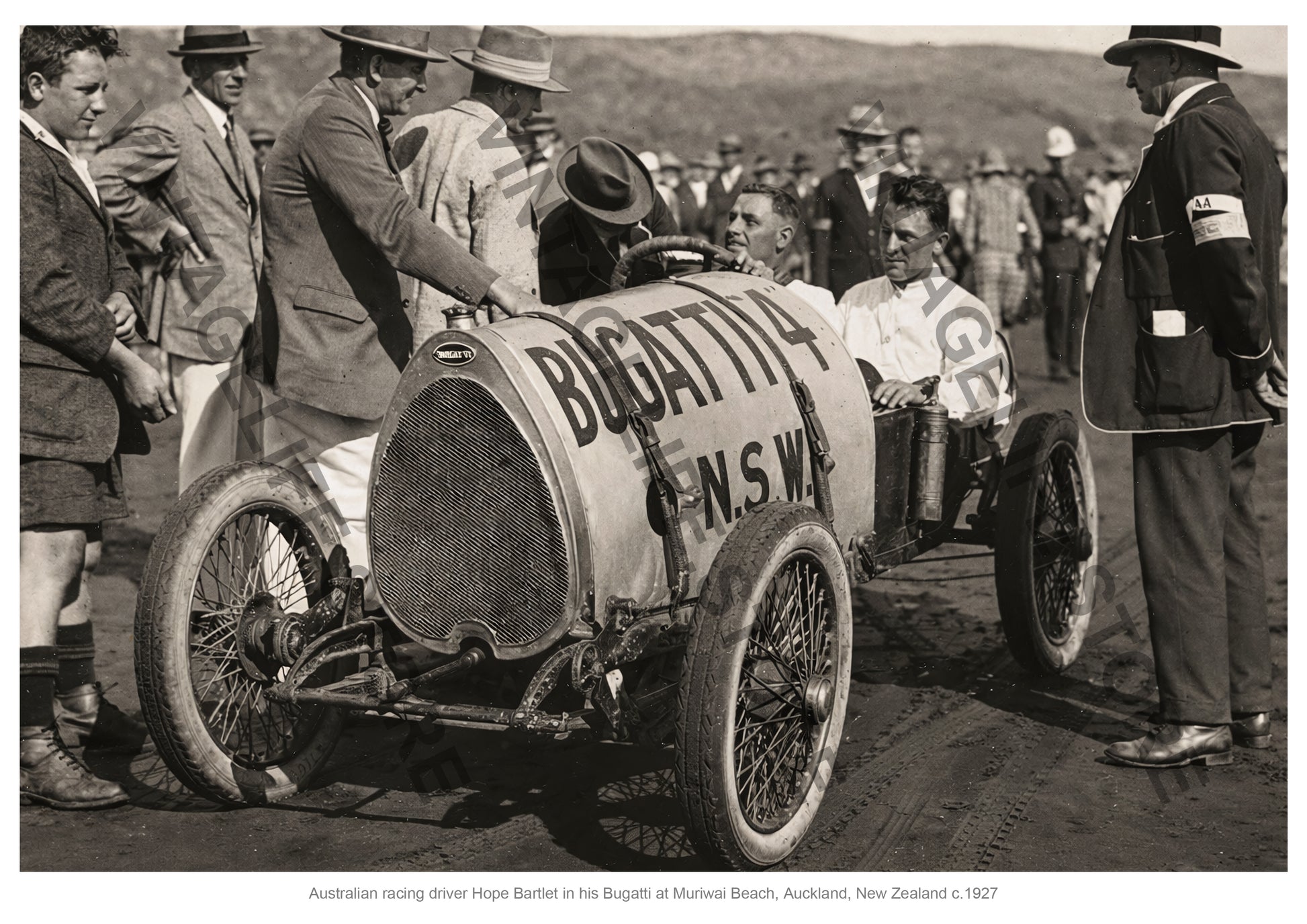 Australian Racing Driver Hope Bartlett with His Bugatti Brescia at Muriwai Beach, Auckland, New Zealand, c.1927