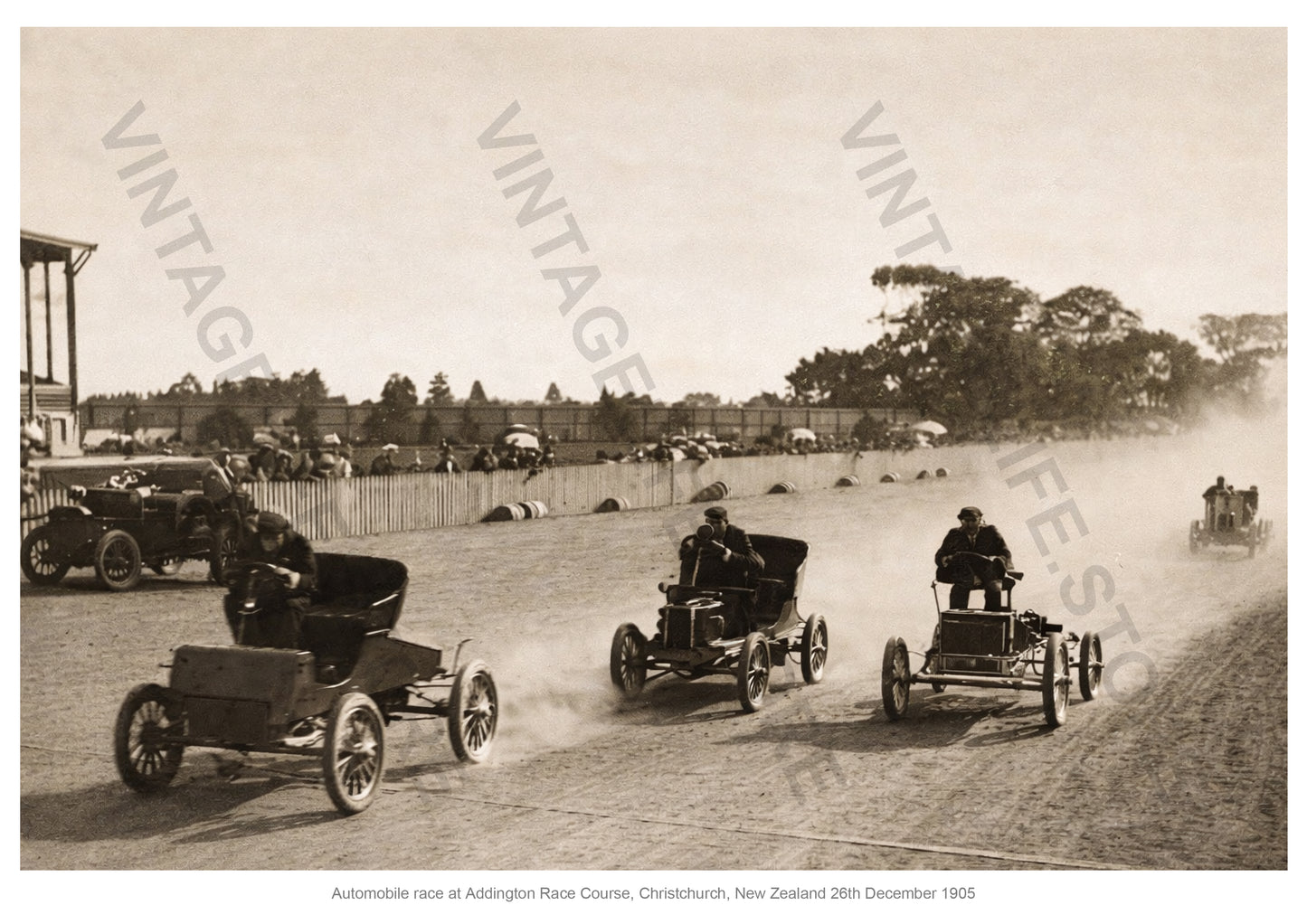 Automobile Race held on Boxing Day 1905 Christchurch, New Zealand showing the winner Mr. A Duncan on a Beeston Humber.