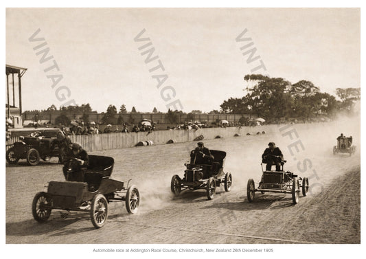 Automobile Race held on Boxing Day 1905 Christchurch, New Zealand showing the winner Mr. A Duncan on a Beeston Humber.