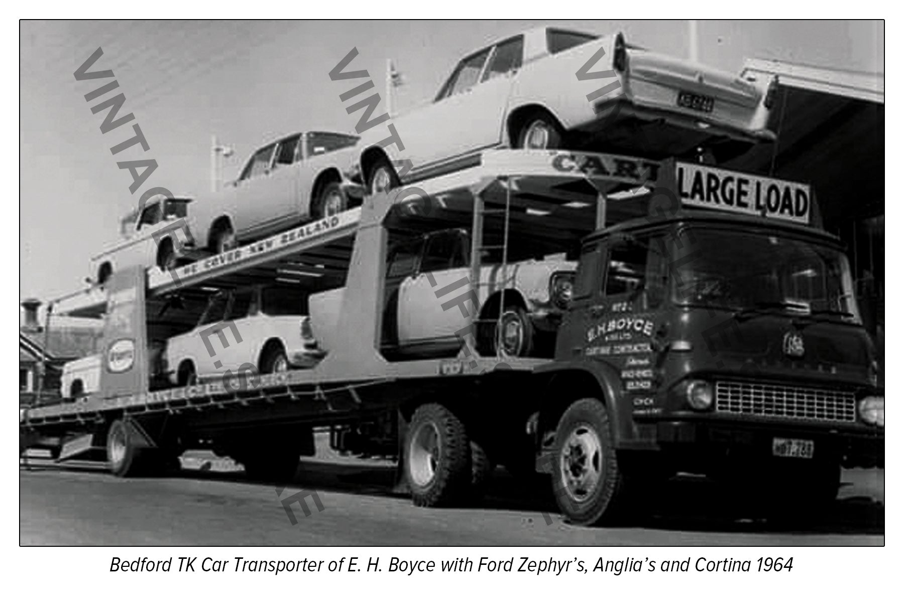 Bedford TK Car Transporter carrying new Ford Zephyr’s, Anglia’s and Cortina 1964. Transporter owned by&nbsp;E. H. Boyce, Christchurch, New Zealand