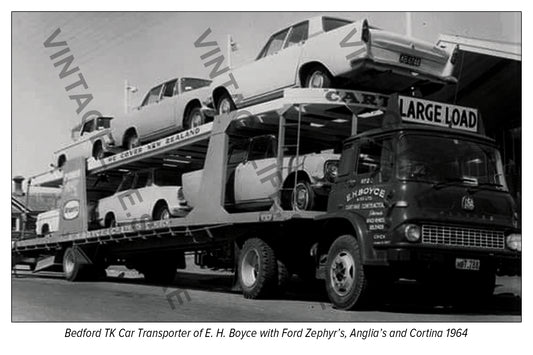 Bedford TK Car Transporter carrying new Ford Zephyr’s, Anglia’s and Cortina 1964. Transporter owned by&nbsp;E. H. Boyce, Christchurch, New Zealand