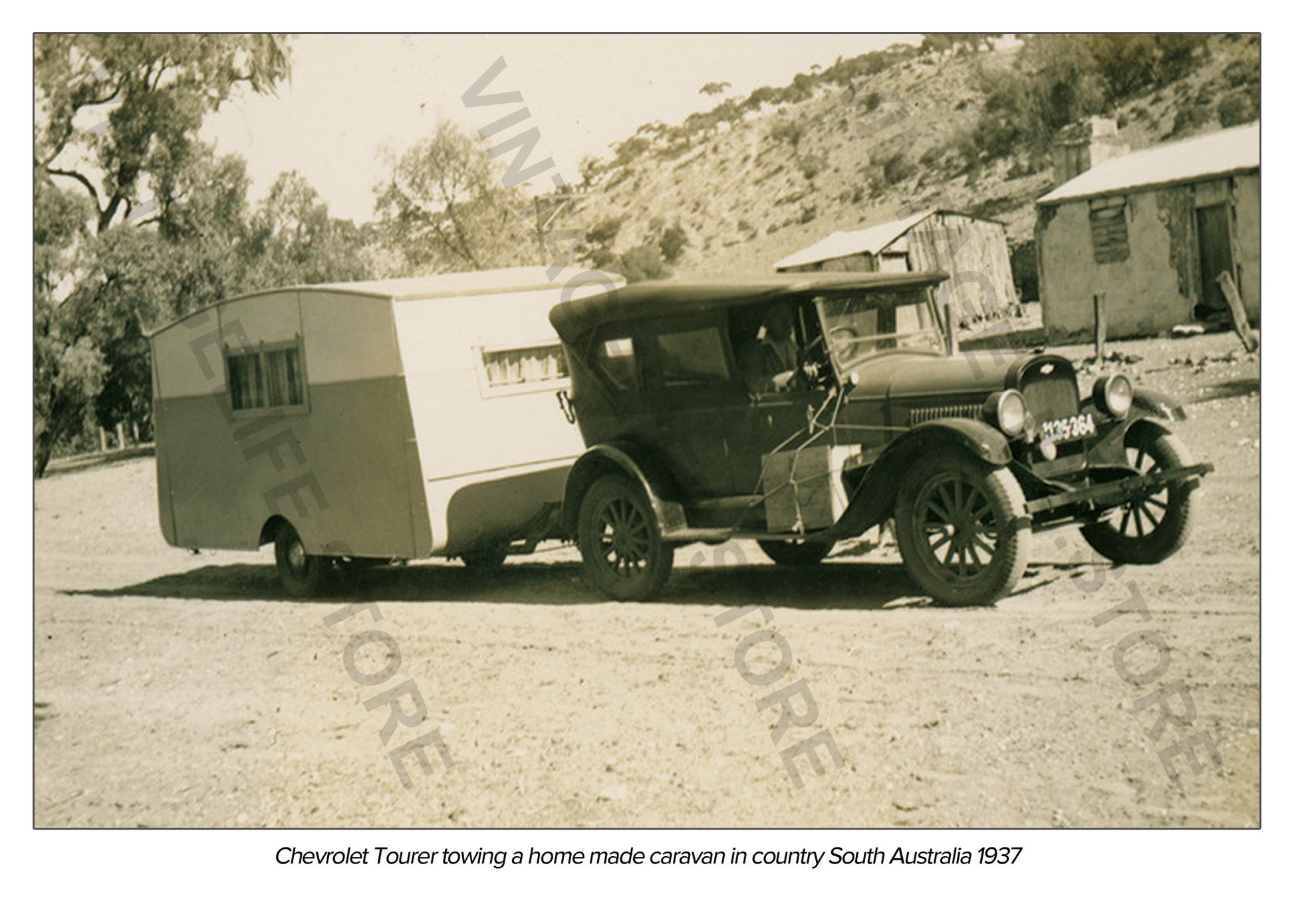 Chevrolet Tourer car with home made caravan, South Australia, 1937
