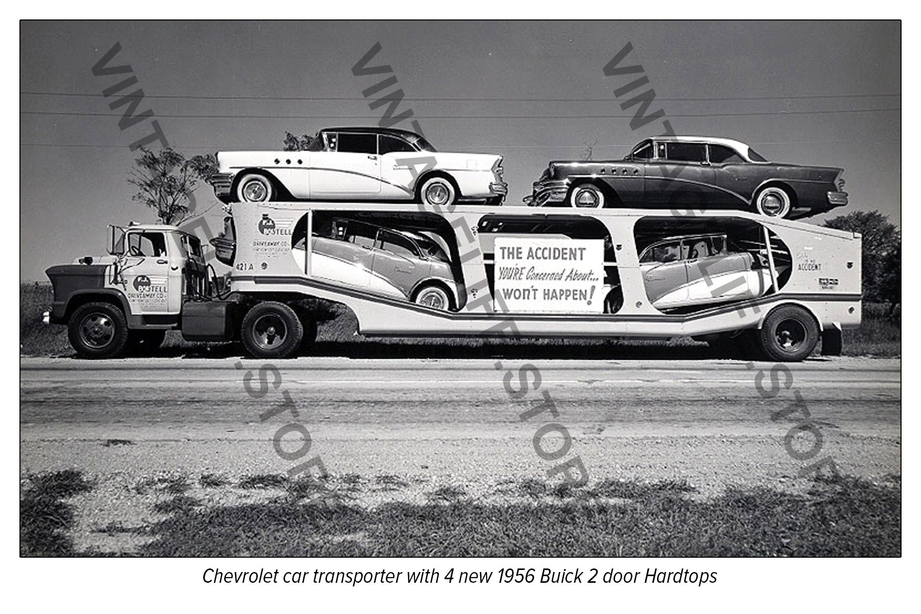 Chevrolet car transporter loaded with 4 new 1956 Buick's