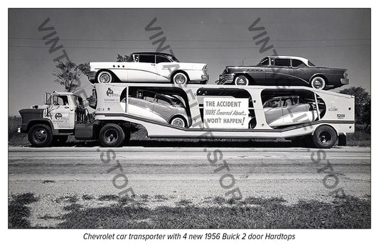 Chevrolet car transporter loaded with 4 new 1956 Buick's