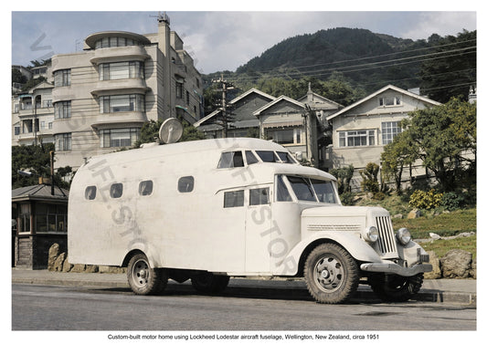 Custom-built RV motor home using Lockheed Lodestar aircraft fuselage, Wellington, New Zealand, c. 1951