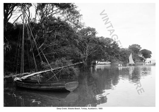 Sailing at Deep Creek, Waiake Beach, Torbay, Auckland, New Zealand c. 1905. Sailing in the early 20th century in New Zealand