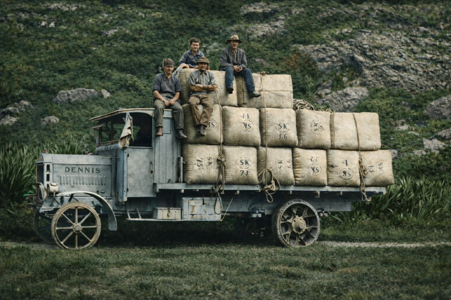 Dennis truck with solid tyres loaded with wool bales