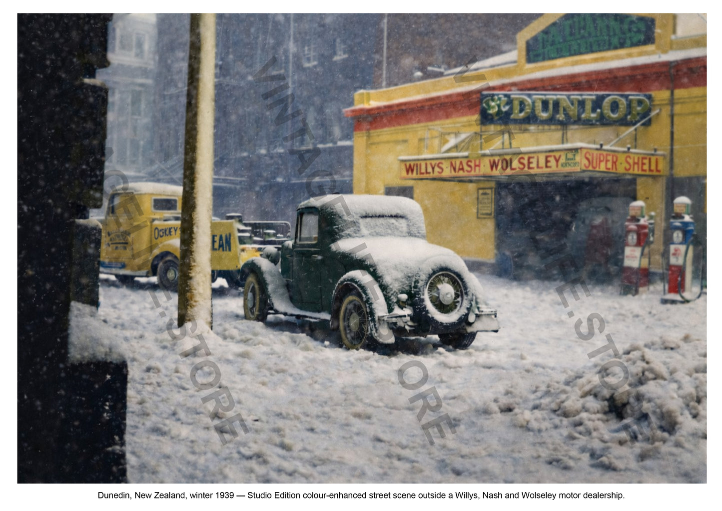 Dunedin, New Zealand, winter 1939 - Willys, Nash and Wolseley Dealer - Studio Edition, colour-enhanced street scene outside a Willys, Nash and Wolseley motor dealership
