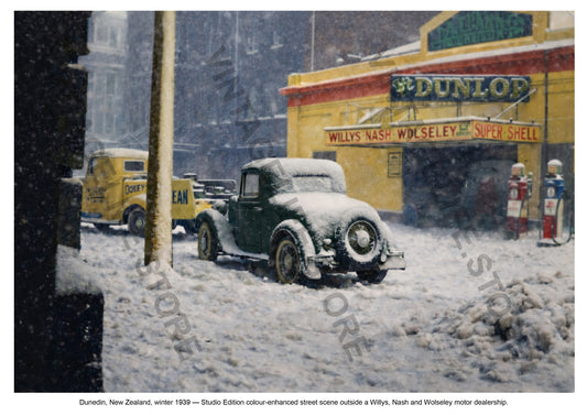 Dunedin, New Zealand, winter 1939 - Willys, Nash and Wolseley Dealer - Studio Edition, colour-enhanced street scene outside a Willys, Nash and Wolseley motor dealership