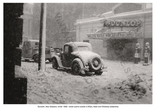 Dunedin, New Zealand, winter 1939 - street scene outside a Willys, Nash and Wolseley motor dealership