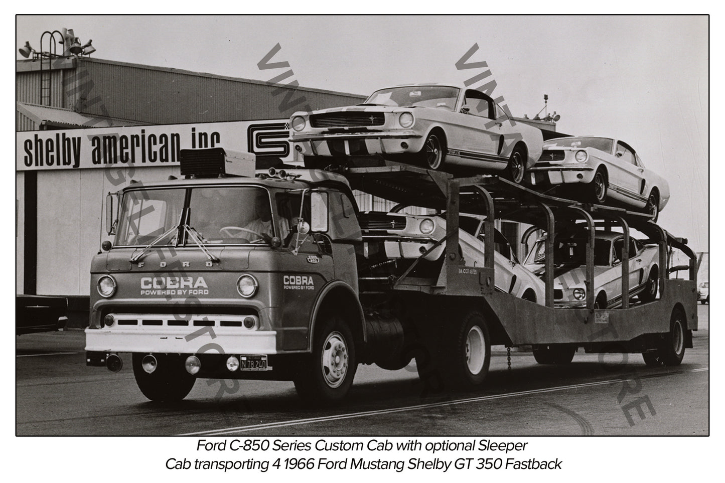 Ford C-850 Series Custom Cab Tractor unit Car transporter loaded with new Ford Mustang GT 350 Shelby models