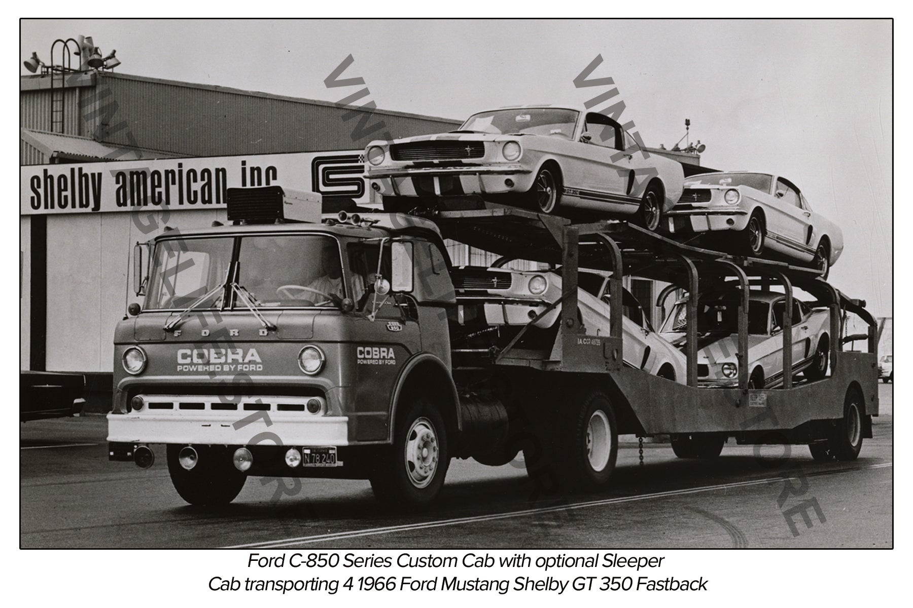 Ford C-850 Series Custom Cab Tractor unit Car transporter loaded with new Ford Mustang GT 350 Shelby models