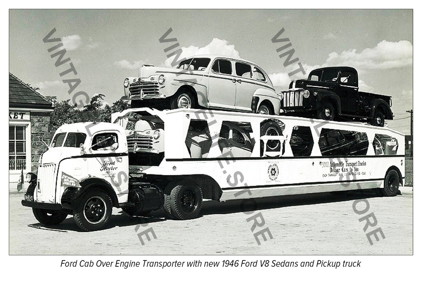 1946 Ford COE Car Transporter with new 1946 Ford V8 Sedans and Pickup trucks