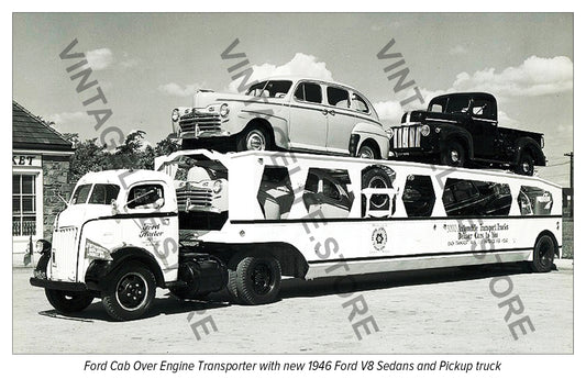 1946 Ford COE Car Transporter with new 1946 Ford V8 Sedans and Pickup trucks