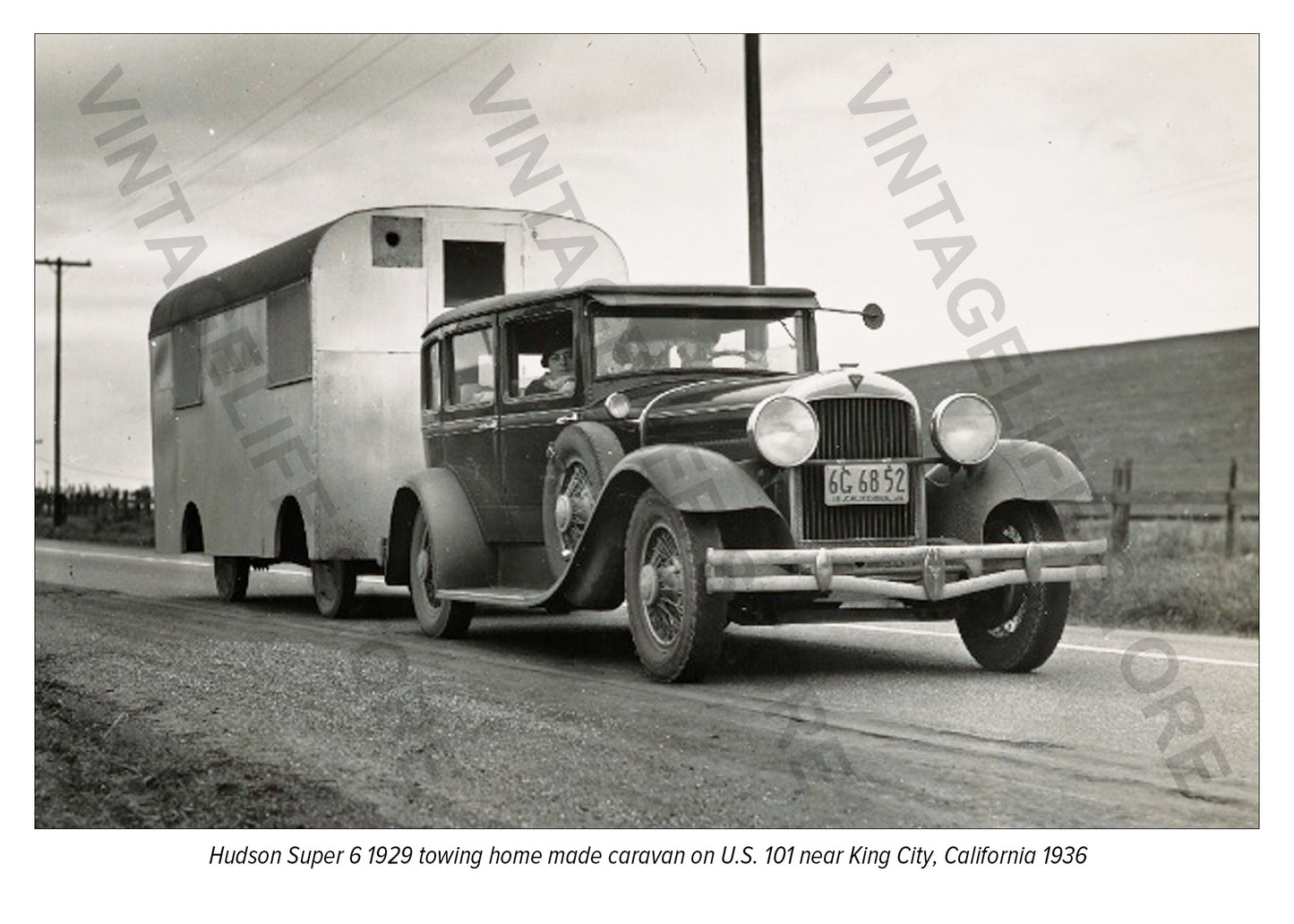 1929 Hudson Super 6 towing a caravan, King City, California c. 1936