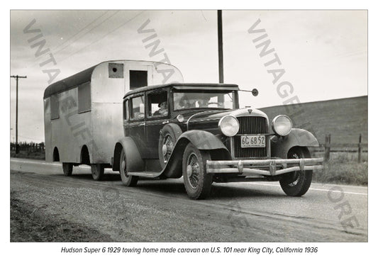 1929 Hudson Super 6 towing a caravan, King City, California c. 1936