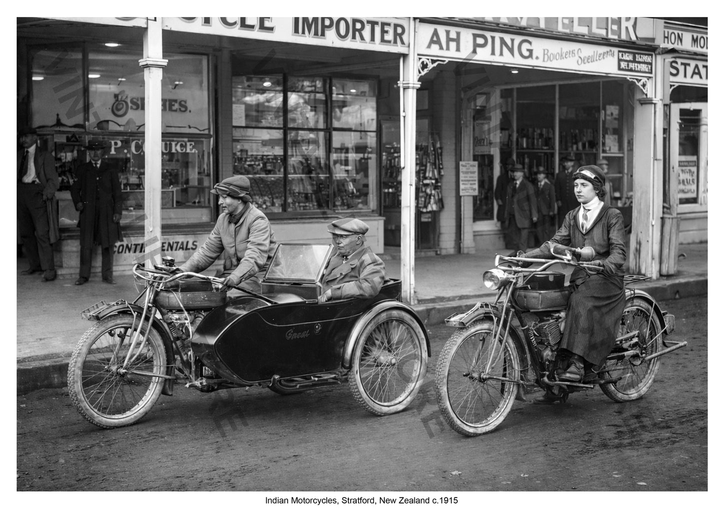 Indian motorcycles outside P. C. Price, Indian Importers, Stratford, Taranaki, New Zealand 1915.