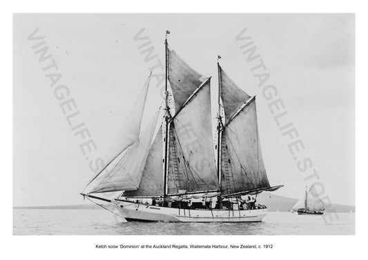 Ketch scow ‘Dominion’, Auckland Regatta, Waitemata Harbour, New Zealand c. 1912. Coastal Shipping in the early 20th century around New Zealand