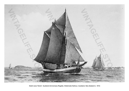 Ketch scow 'Esme' racing at the Auckland Regatta, Waitemata Harbour, Auckland, New Zealand c 1913. Coastal Shipping in the early 20th century around New Zealand