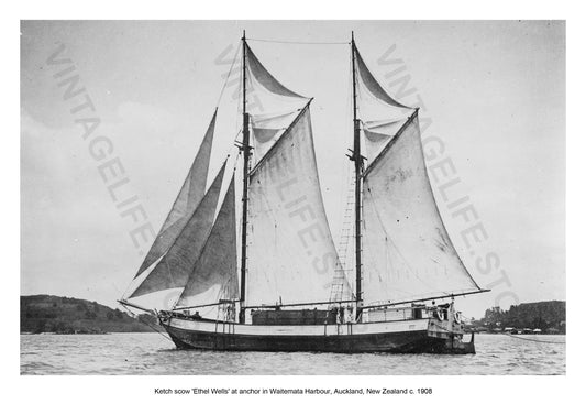 Ketch scow 'Ethel Wells' at anchor in Waitemata Harbour, Auckland, New Zealand c. 1908. Coastal Shipping in the early 20th century around New Zealand