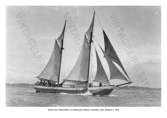 Ketch scow 'Ethel Wells' on Waitemata Harbour, Auckland, New Zealand c. 1910. Coastal Shipping in the early 20th century around New Zealand