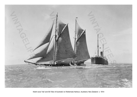 Ketch scow 'Ida' and SS 'Star of Australia' on Waitemata Harbour, Auckland, New Zealand c. 1914. 
Coastal Shipping in the early 20th century around New Zealand