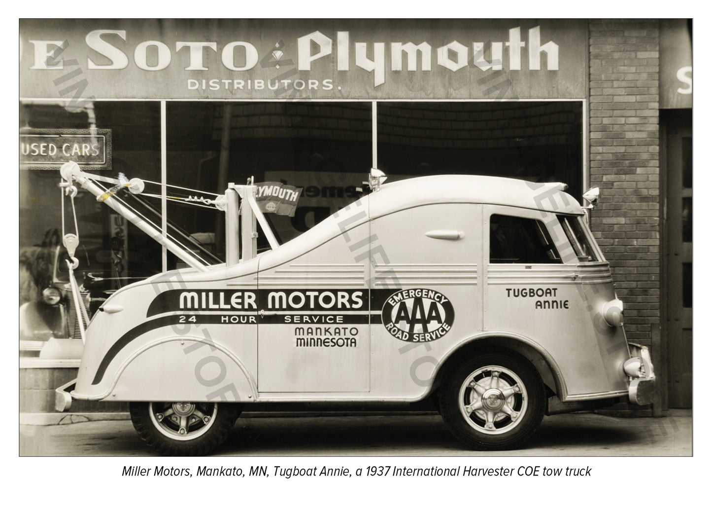 Tugboat Annie, 1937 International Harvester tow truck, Miller Motors, Mankato, MN c. 1938