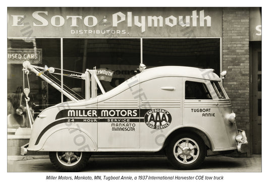 Tugboat Annie, 1937 International Harvester tow truck, Miller Motors, Mankato, MN c. 1938