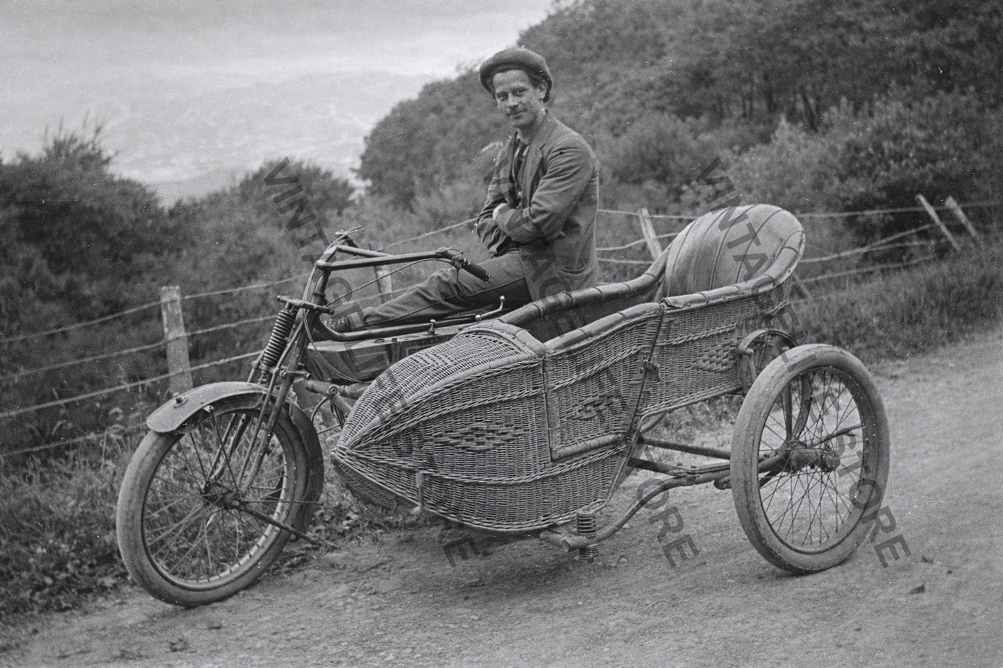 Motorcycle with Hand-Woven Wicker Sidecar, c.1915