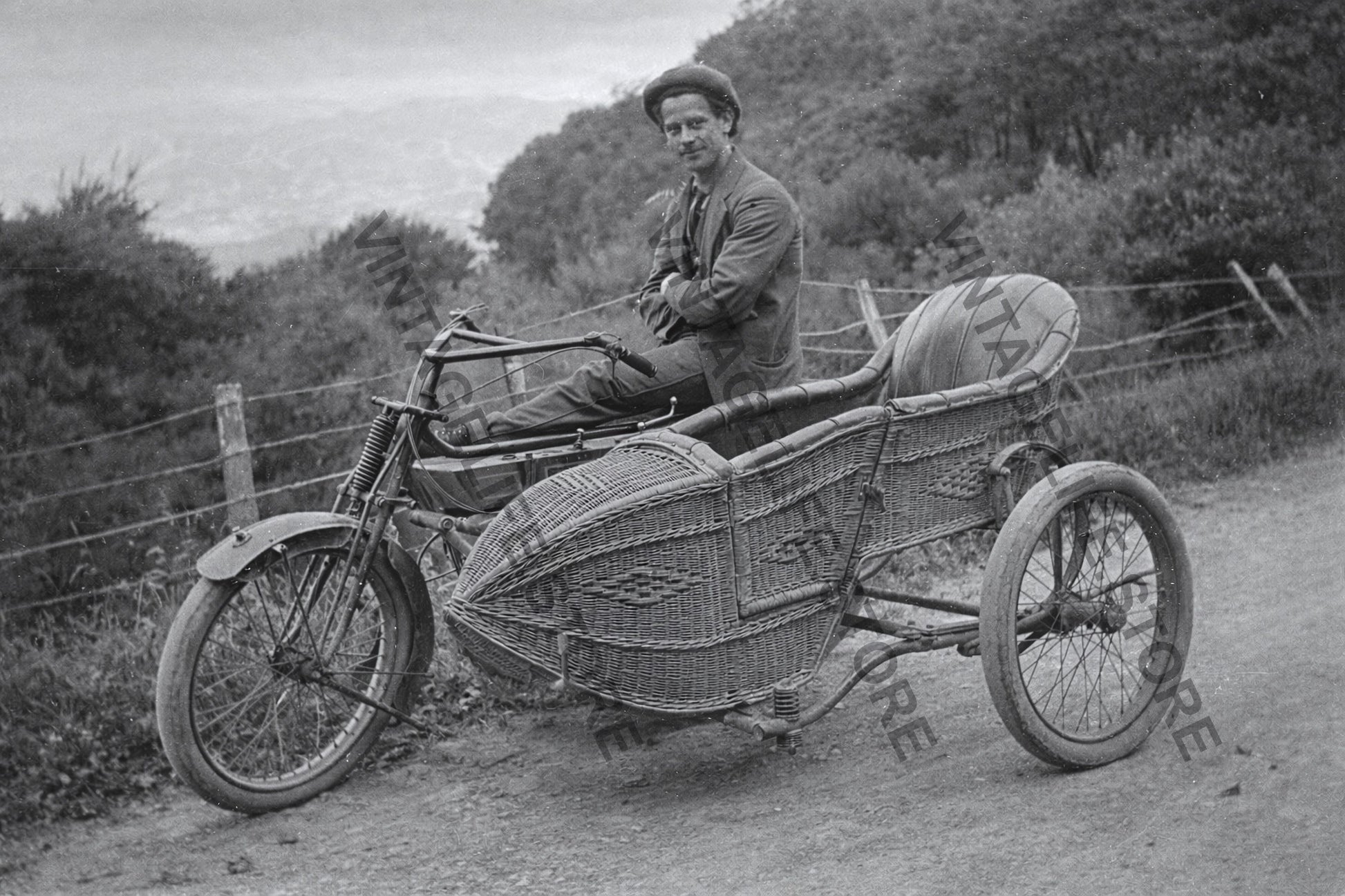 Motorcycle with Hand-Woven Wicker Sidecar, c.1915