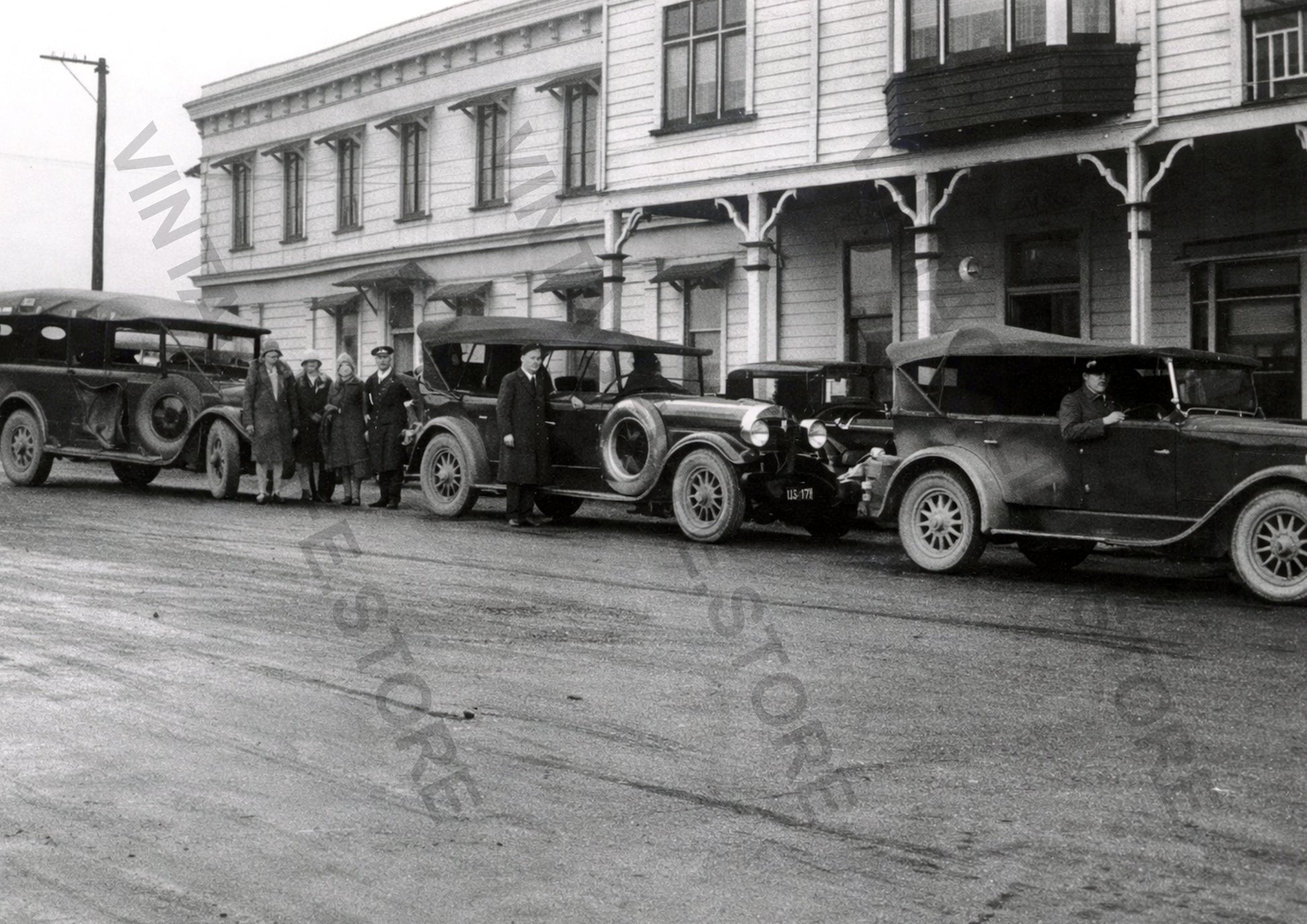 Newman’s Motor Services Vehicles Outside Hokitika Hotel, West Coast NZ c.1930