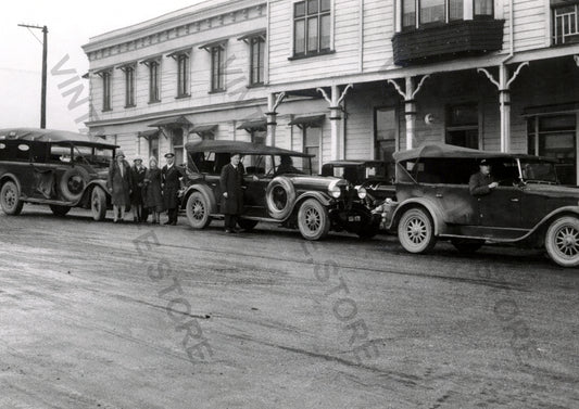 Newman’s Motor Services Vehicles Outside Hokitika Hotel, West Coast NZ c.1930
