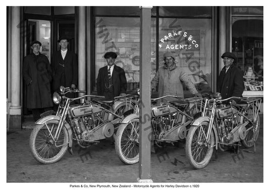 Harley Davidson Motorcycle Dealer, Parkes and Co. New Plymouth, New Zealand c. 1920. Motorcycle riding in the early 20th century in New Zealand