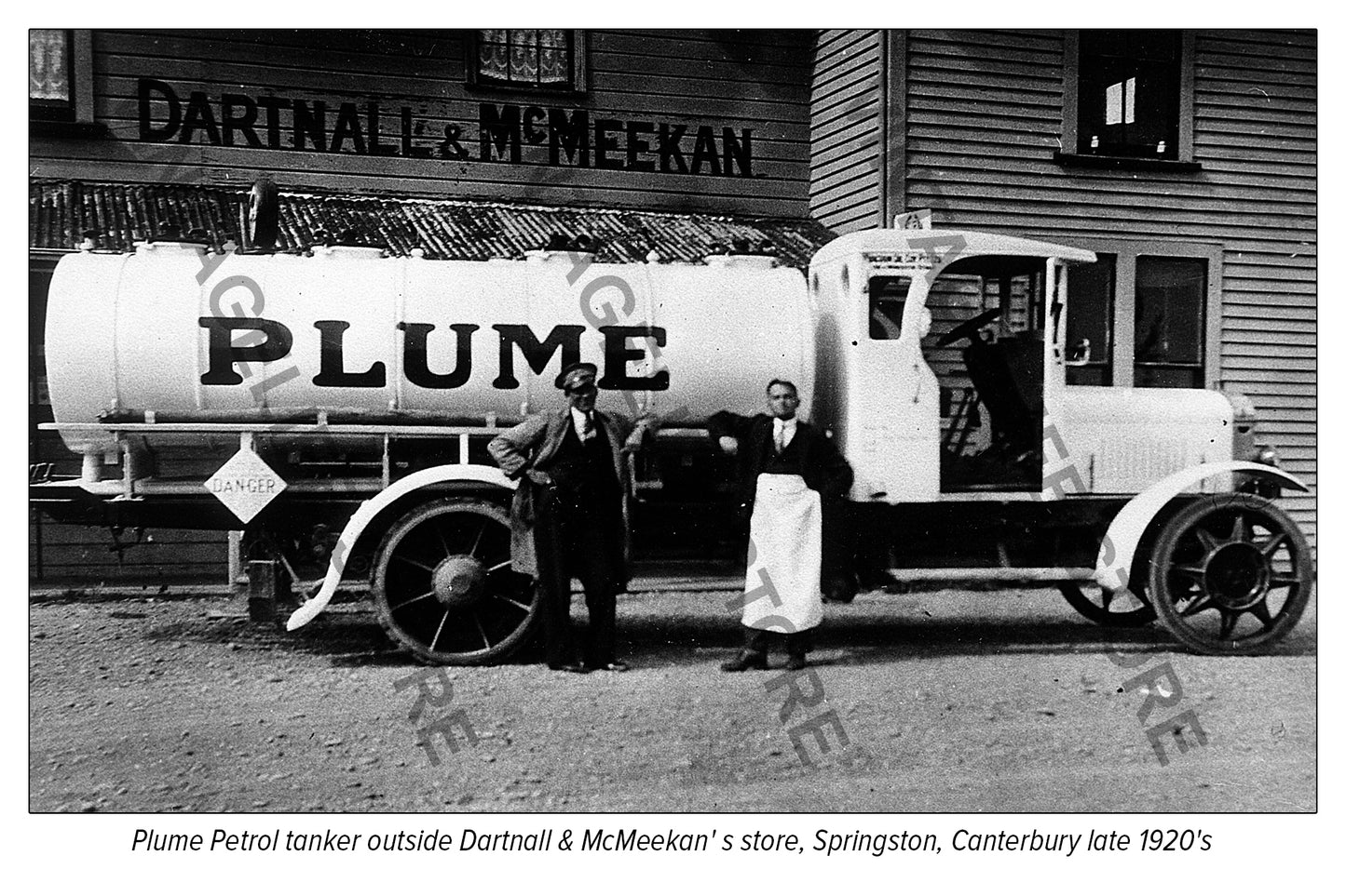 Leyland Petrol Tanker 'Plume Petrol', outside Dartnall & McMeekan' s General Store, Springston, Canterbury, New Zealand c.1928