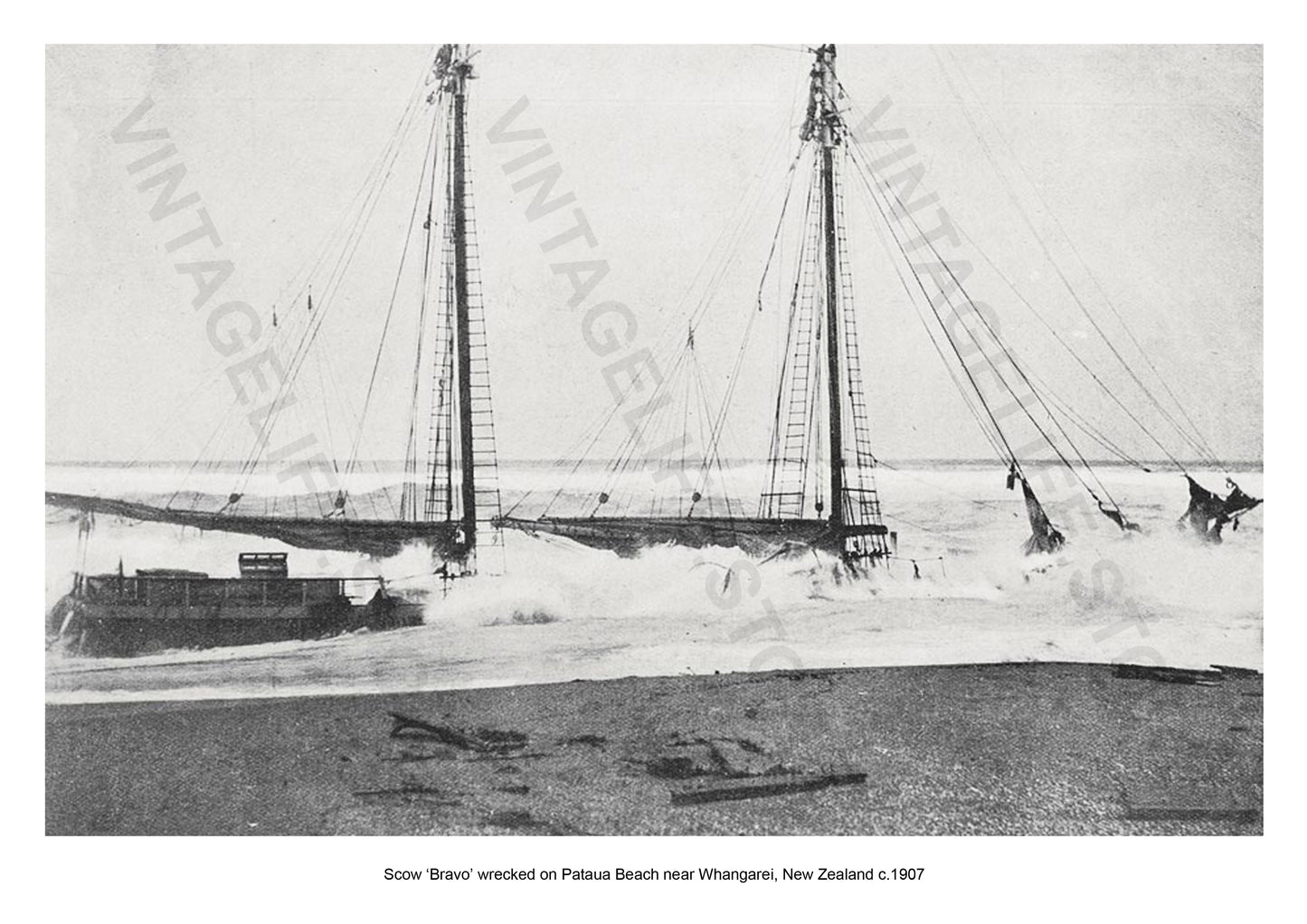Scow ‘Bravo’ wrecked on Pataua Beach near Whangarei, New Zealand c1907. 
Coastal Shipping in the early 20th century around Australia and New Zealand