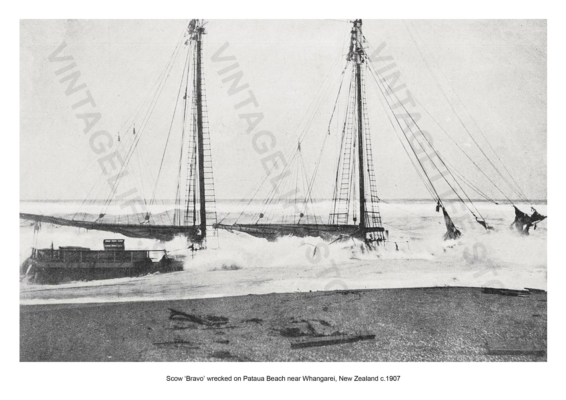 Scow ‘Bravo’ wrecked on Pataua Beach near Whangarei, New Zealand c1907. 
Coastal Shipping in the early 20th century around Australia and New Zealand